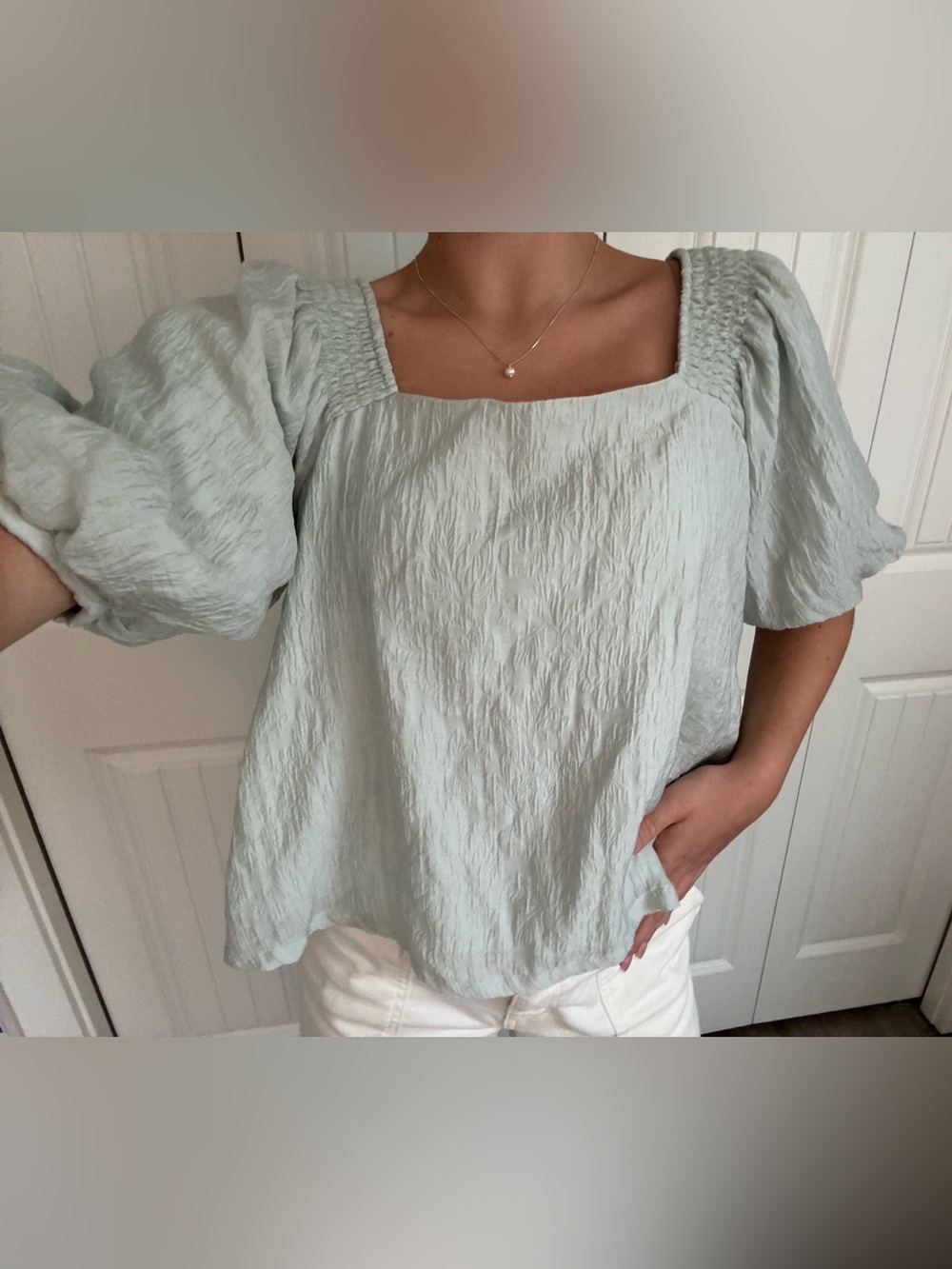 Club Monaco Pale Blue Smocked Square Neck Puff Sleeve Top